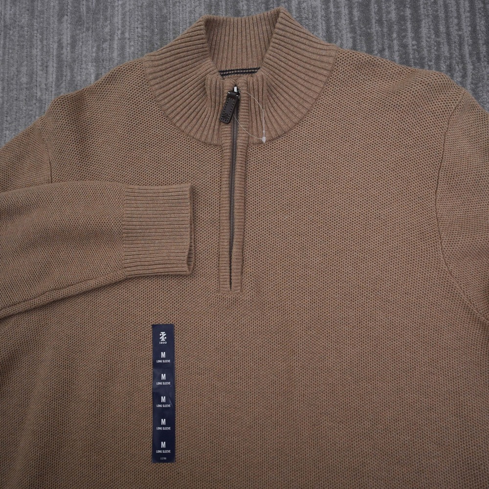 IZOD Mens Quarter Zip Sweater Tan Brown Textured Knit Pullover Medium New